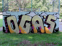 833540 Afbeelding van graffiti met de tekst 'OGAS', op de kopse kant van de skate-halfpipe in het Majoor ...